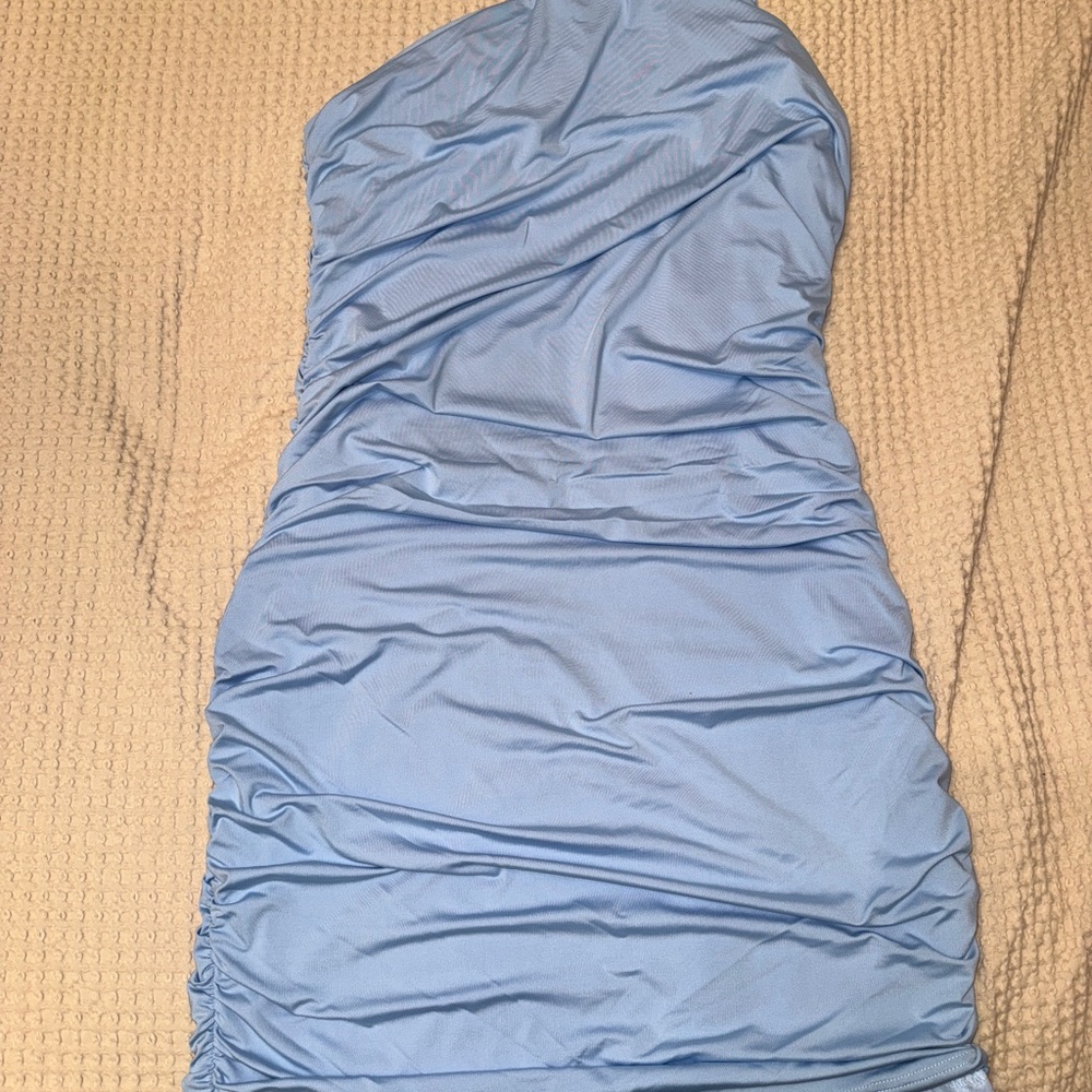 Elegant Blue One Shoulder Ruched Dress